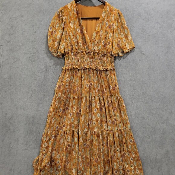 Taylor Layered Maxi Dress Size L Short Sleeve Geometric Ruffle Smocked Sheer - Picture 1 of 4